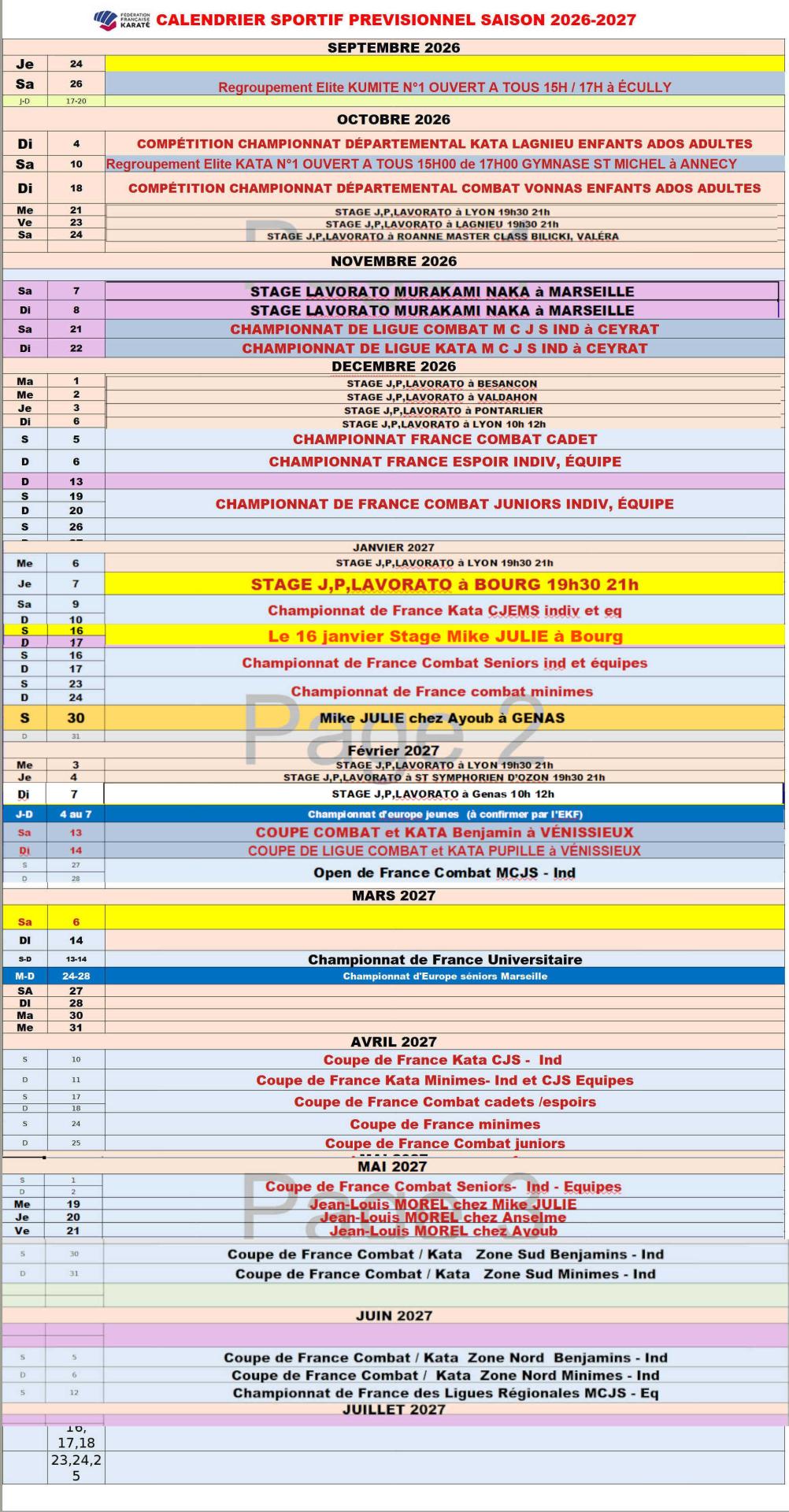 Calendrier stage et compet 2026 2029